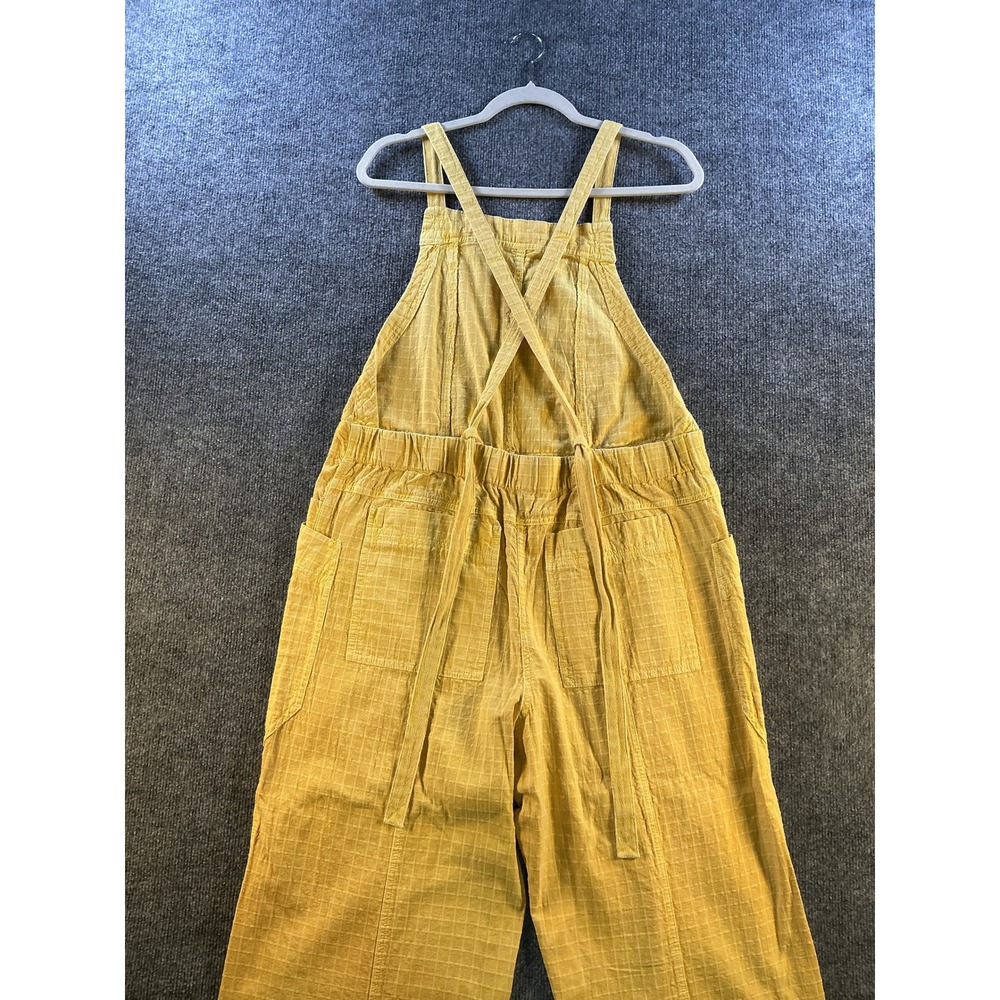Free People Yellow Grid Textured Cotton Wide Leg Overalls Size M OB1313437
